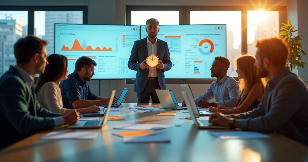 Team leader holding clock and glowing heart in busy meeting room 