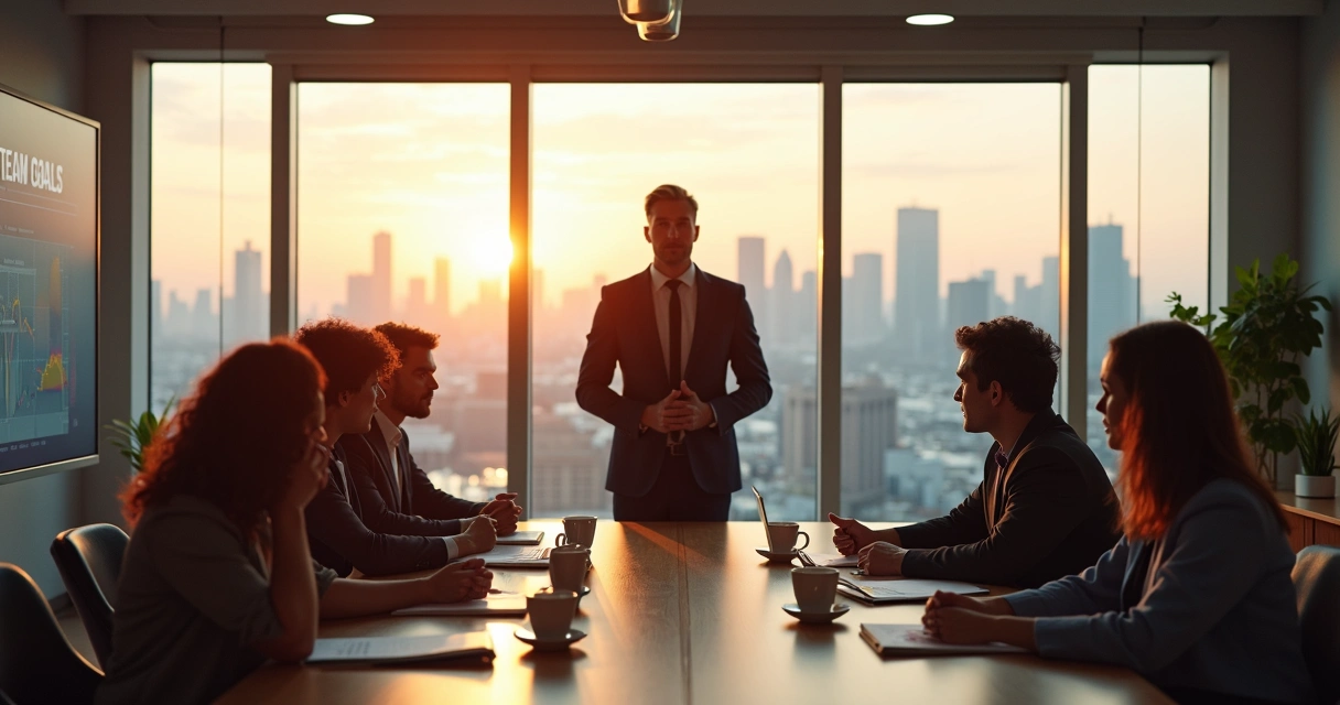 Leader standing between a diverse team and a single employee in a tense meeting room 