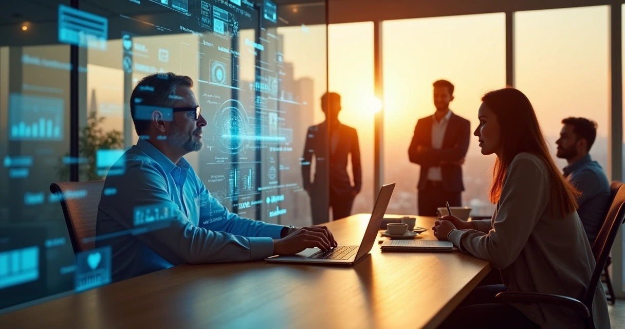 Leader at desk half surrounded by digital interfaces and half by a diverse team in conversation 