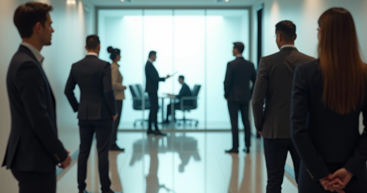 Leader blurred behind frosted glass doors with team in sharp focus outside 