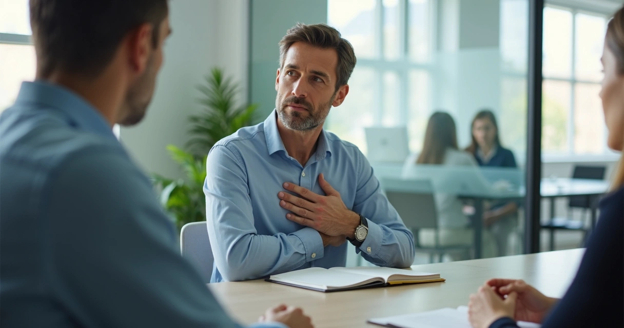 Leader pausing in a meeting room with hand on chest and notebook open 