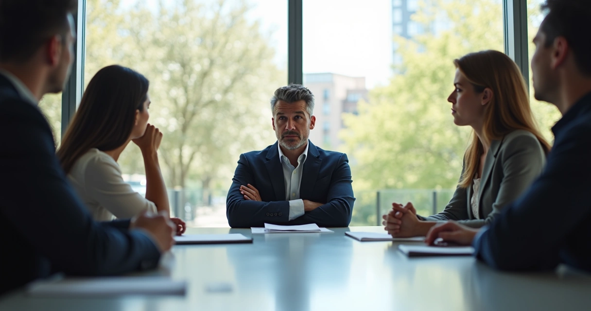 Leader in meeting showing uncomfortable body language 