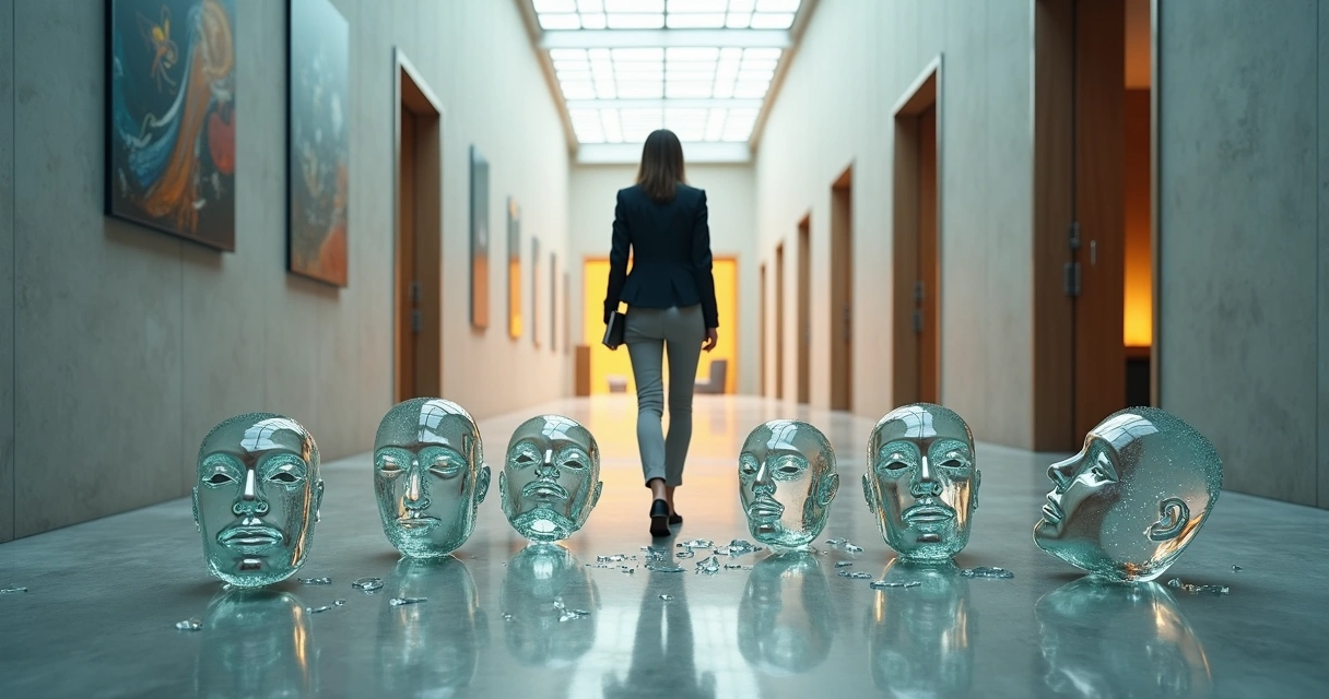 Leader standing among broken theatrical masks in corporate hallway 