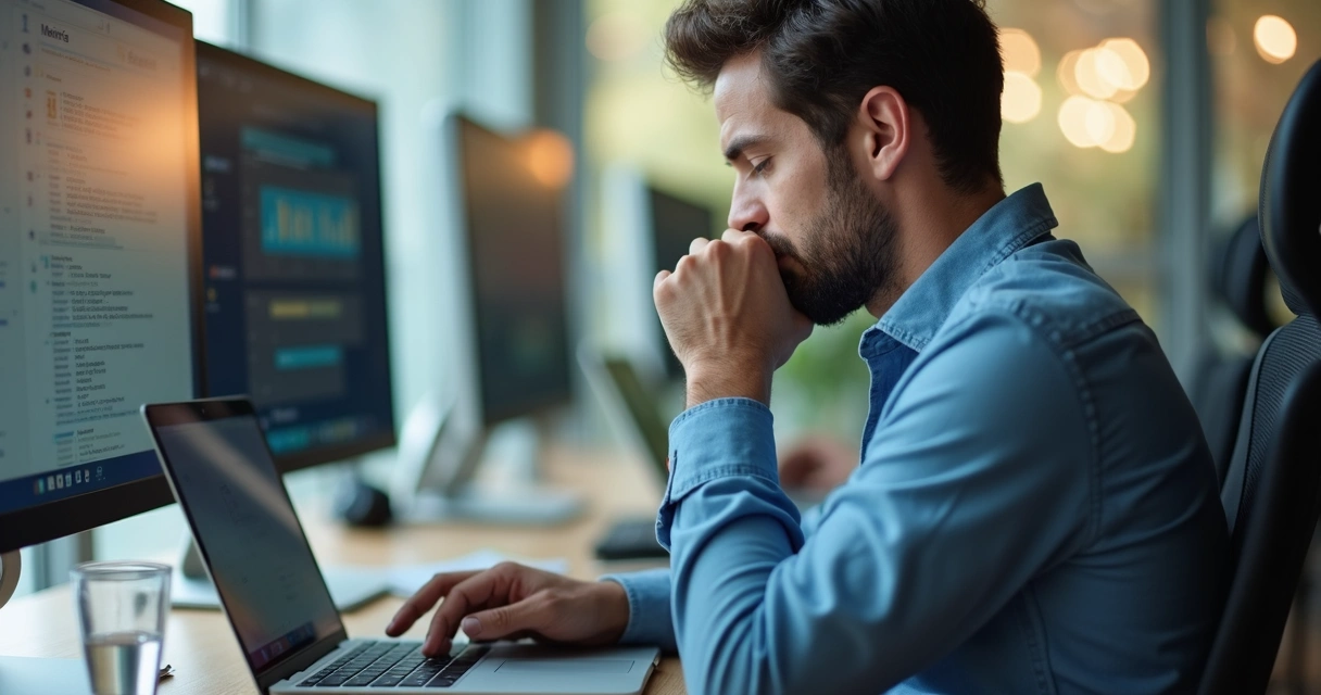 Digital leader pausing for mindful breathing at a desk 