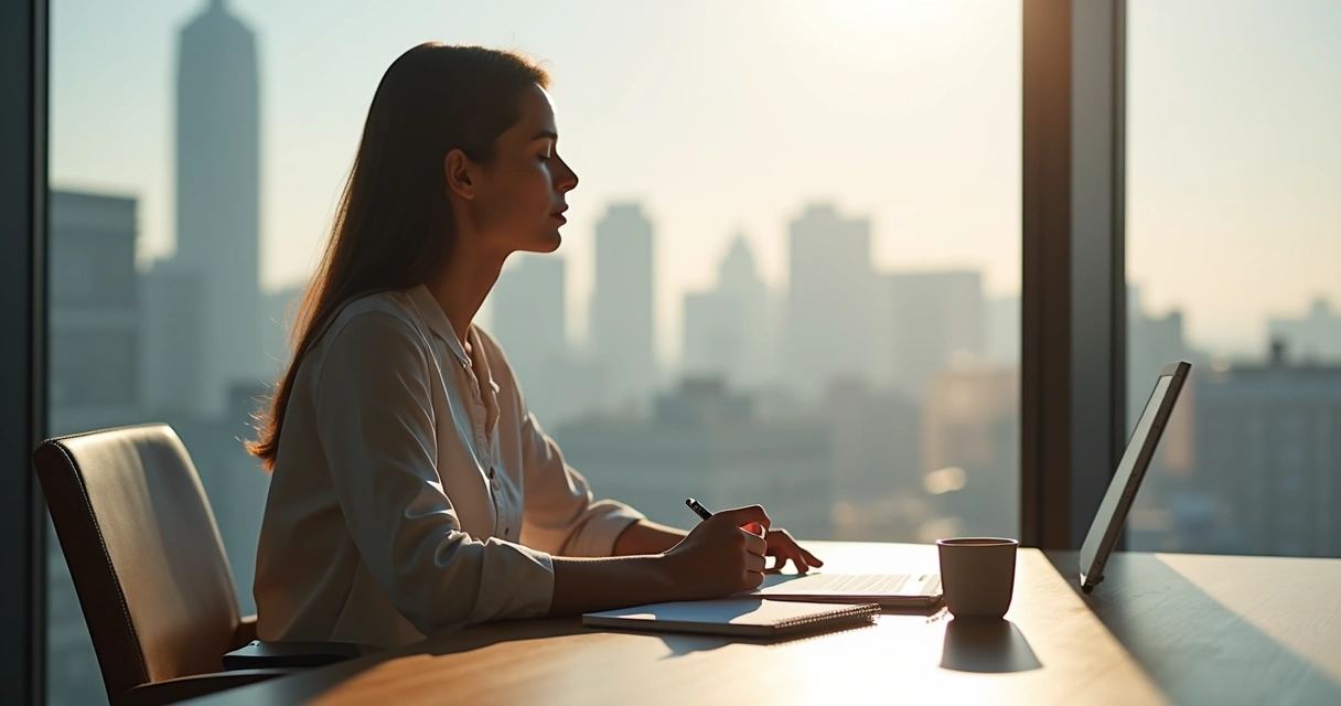 Leader pausing at desk before workday begins 