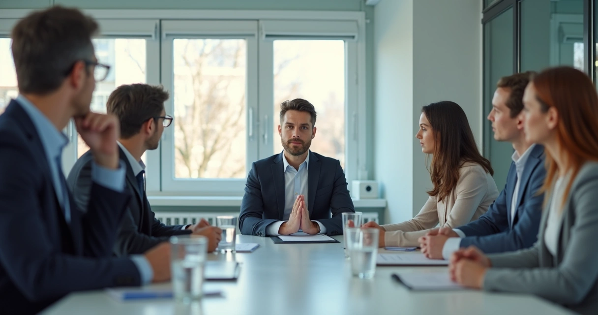 Leader pausing in a meeting room before speaking 