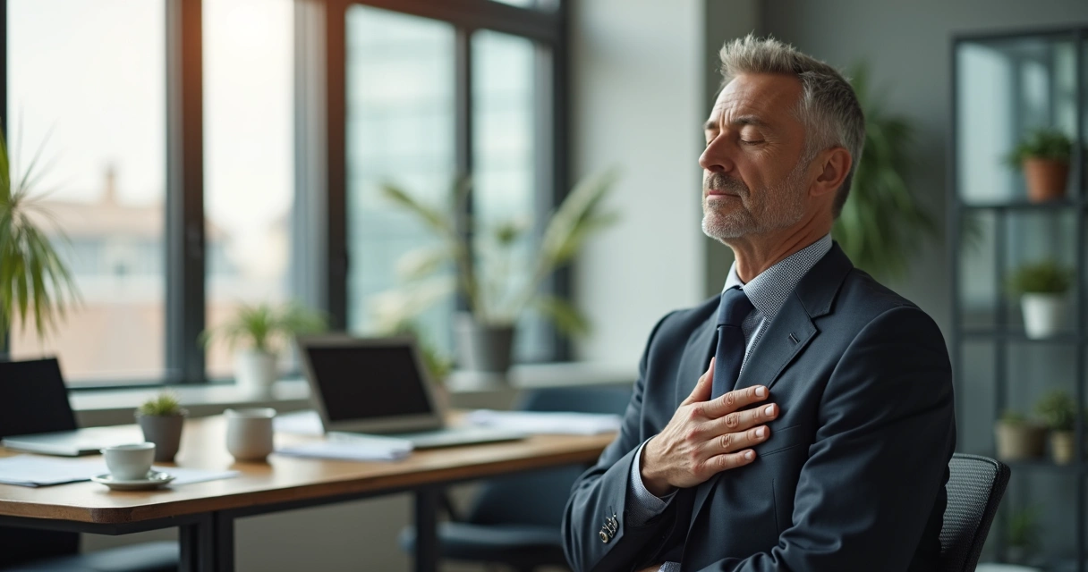 Business leader pausing with eyes closed, practicing a breathing technique in an office setting