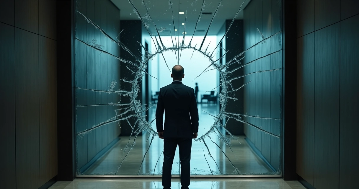 Executive facing fragmented mirror with distorted reflection of values 