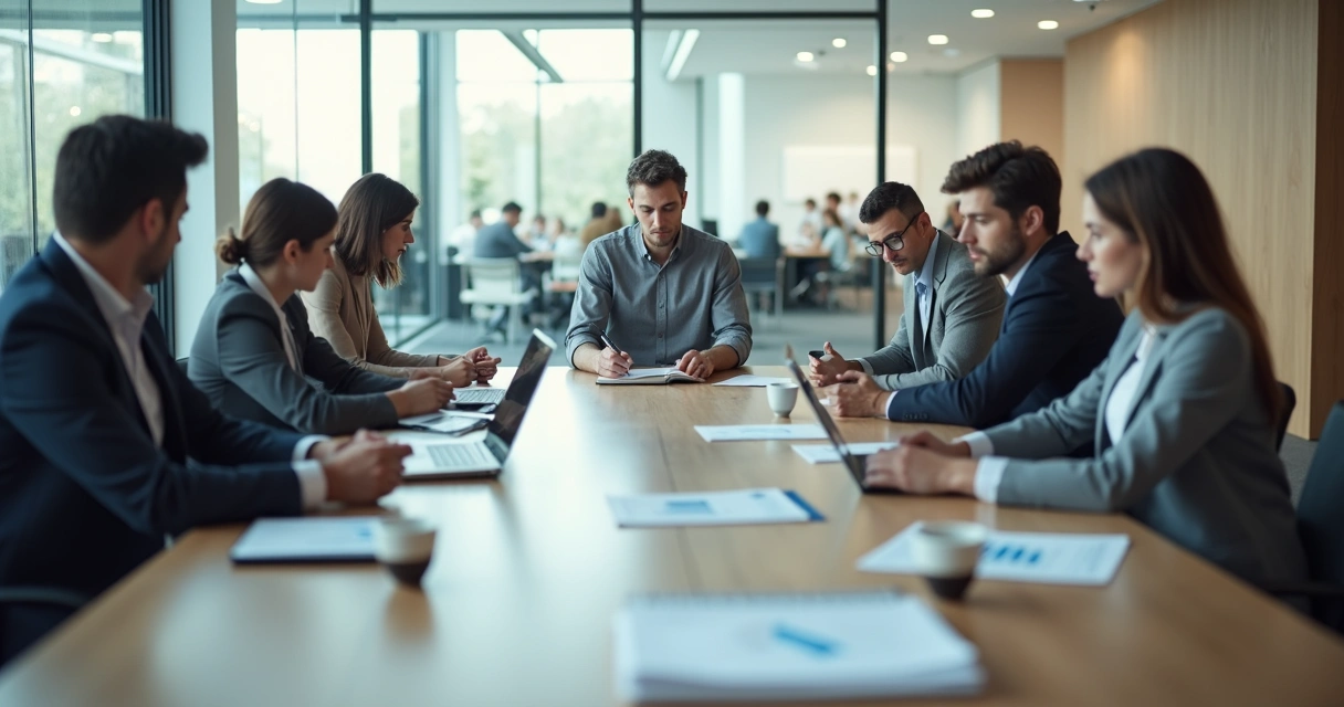 Manager at head of table with distant team showing broken trust 