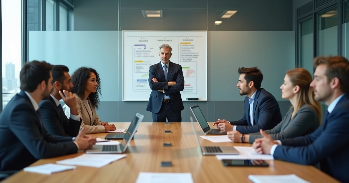 Manager facing a tense team in a modern office meeting 