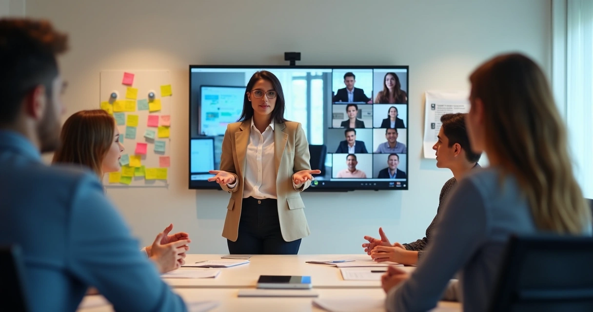 Leader talking to both in-person and remote team members, fostering hybrid trust