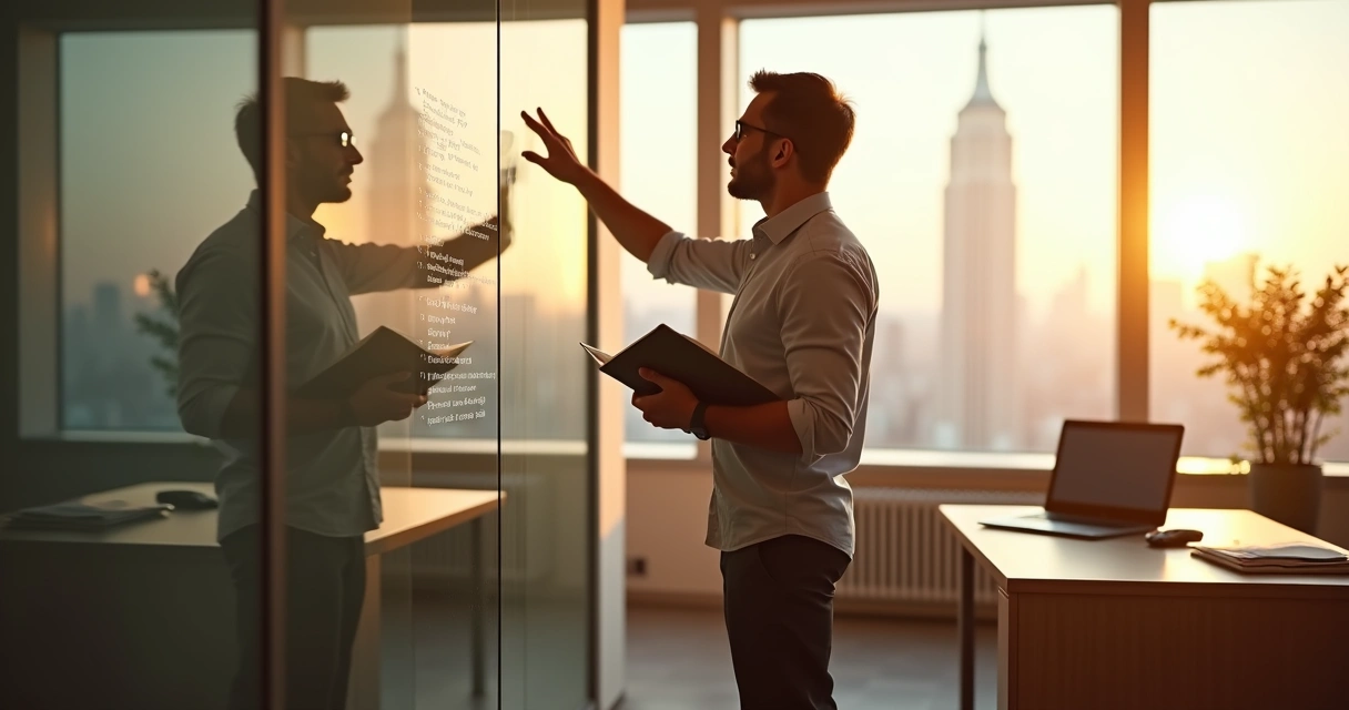 Leader standing in office checking reflection against list on glass wall 