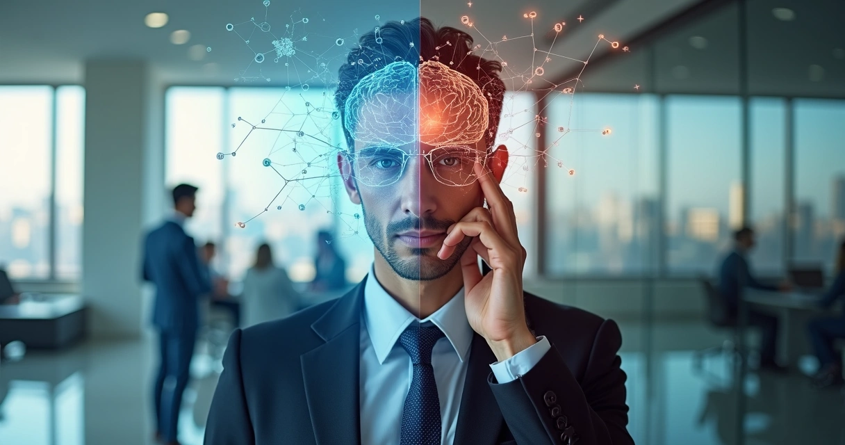 Business leader split between clear vision and distorted thinking 