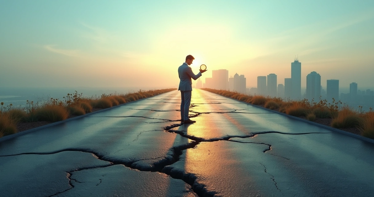 Leader holding compass on fractured road leading toward hazy skyline 