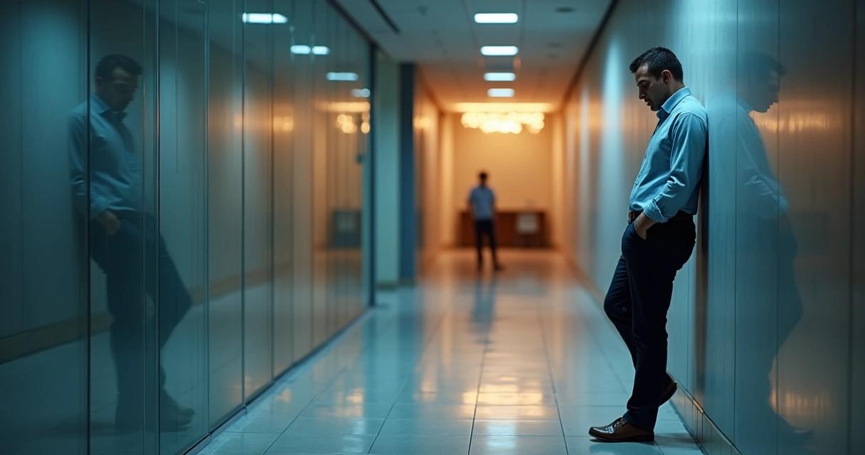 Leader in office hallway fading from vibrant to exhausted 