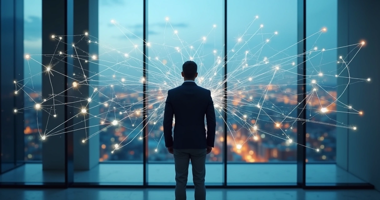 Business leader standing in front of a complex network diagram 