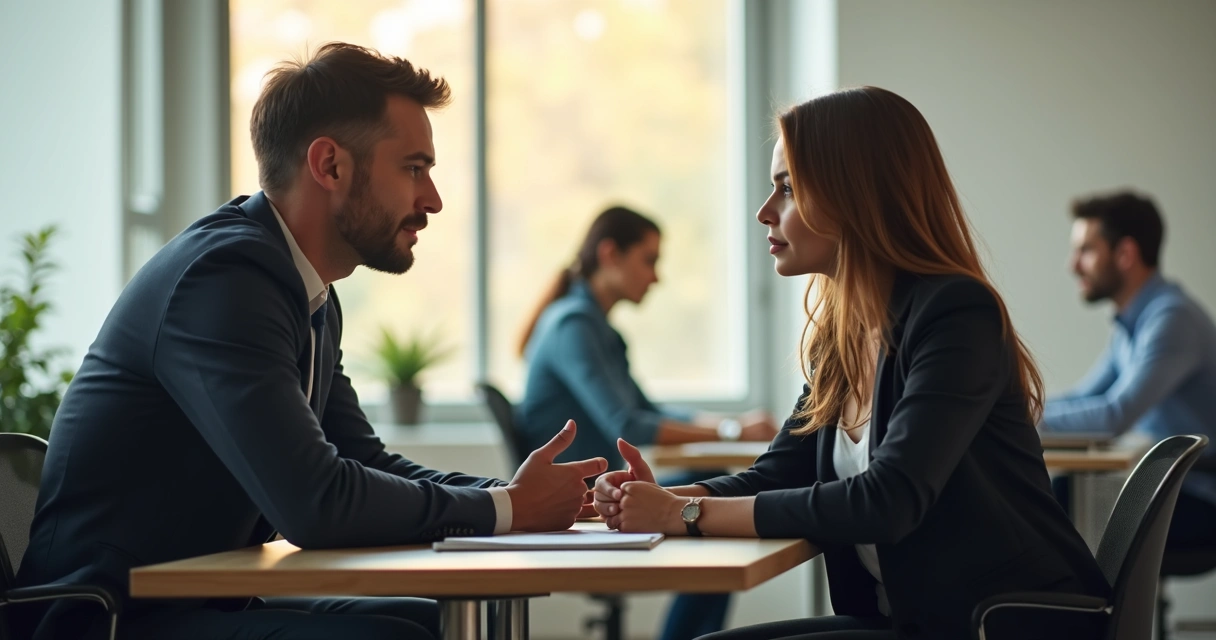 Leader speaking calmly with employee in office setting