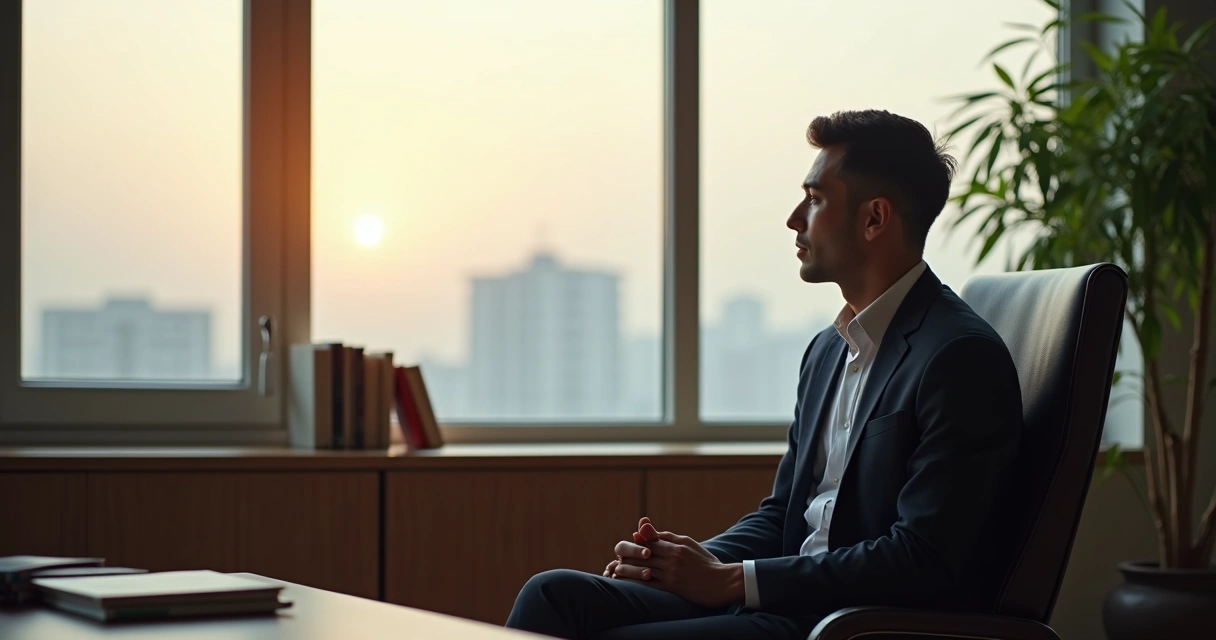 Leader sitting quietly by a window in soft light, hands folded, looking reflective