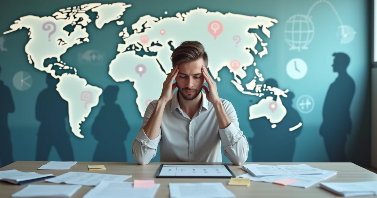 Leader surrounded by diverse silhouettes and cultural symbols reflecting on hidden blind spots in decisions 