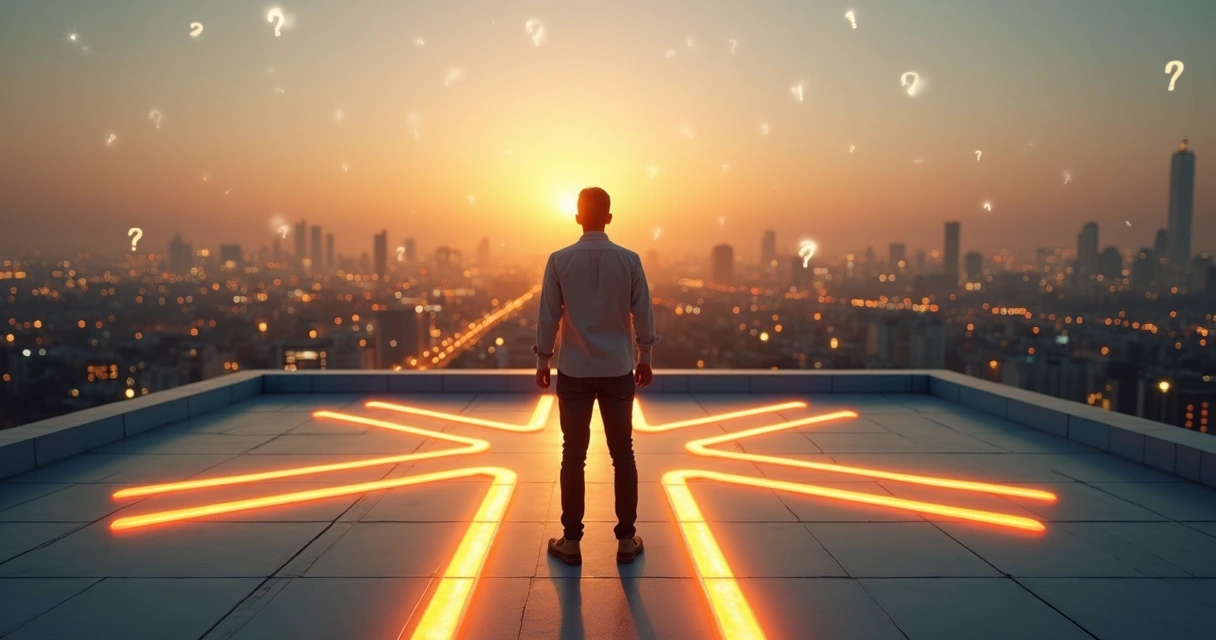 Person standing at a crossroads overlooking a city making a high impact decision 