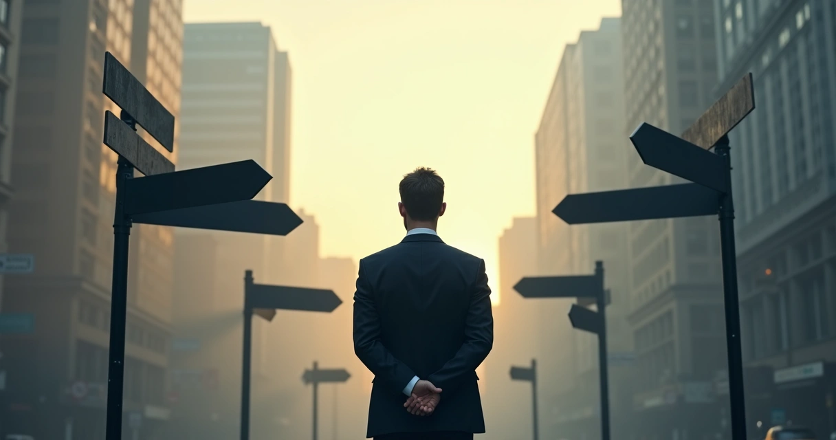 Business leader standing before crossroads 