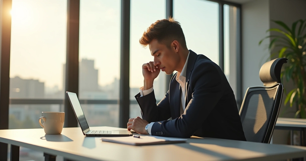 Leader at a desk thinking deeply with a notepad and digital tablet on a modern office workspace, morning light through large windows, urban background. 