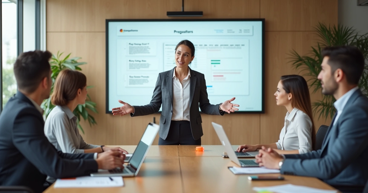 Calm leader delegating tasks to a diverse team around a meeting table 