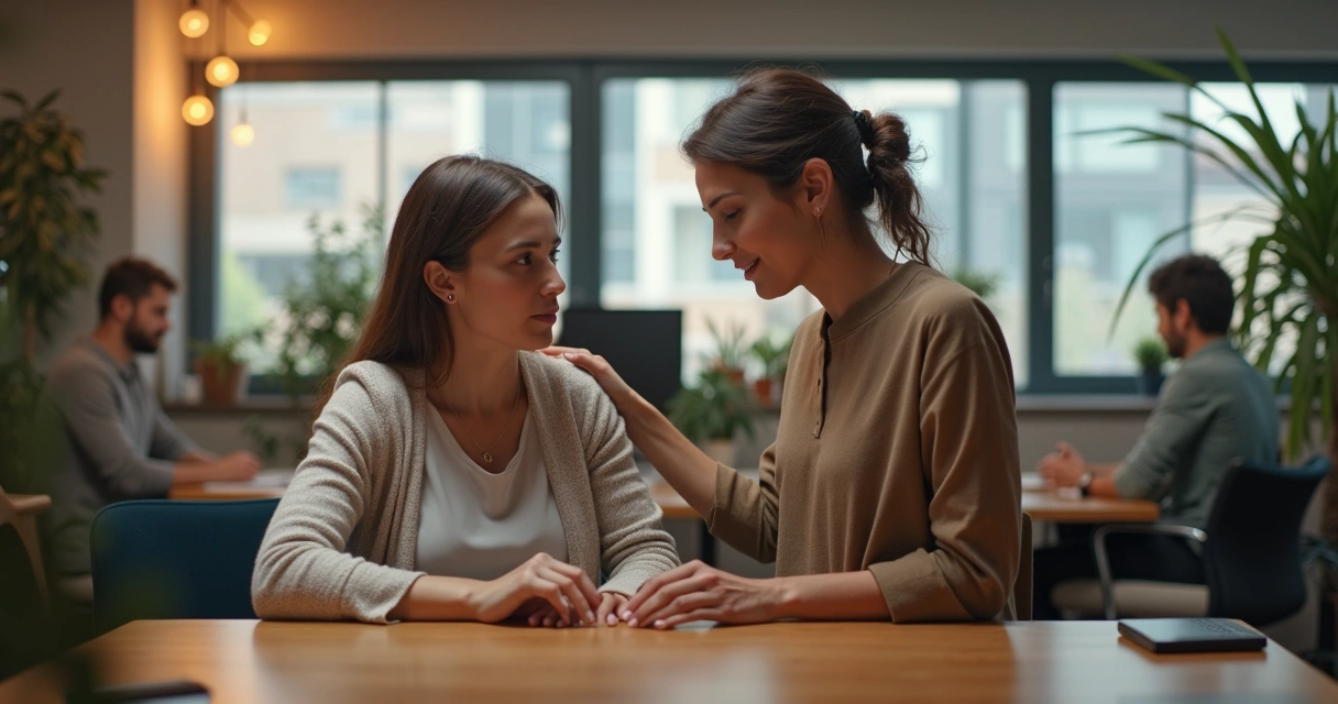 Team leader showing compassion to colleague during discussion 