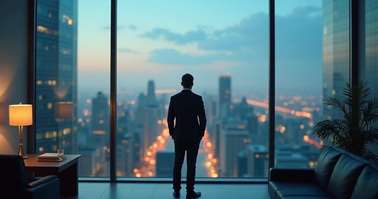 Leader standing at office window between two divergent conversation paths 