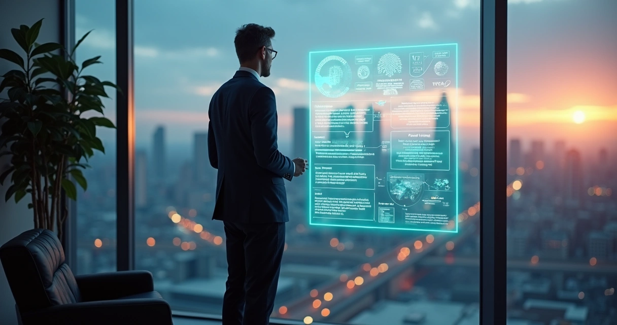 Leader using a digital reflection tool beside a city skyline at dusk 
