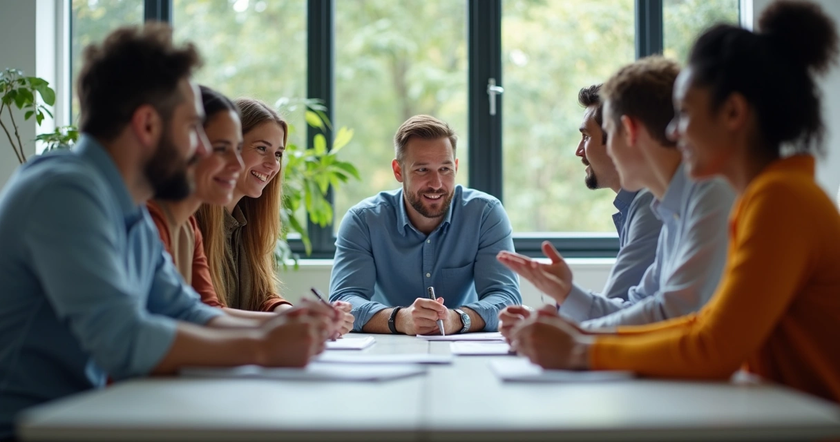 Leader sitting with a diverse team, active listening during a team meeting 