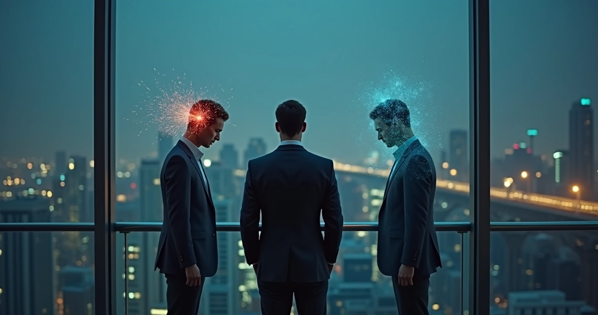 Executive observing two contrasting reflections on a glass wall at night 