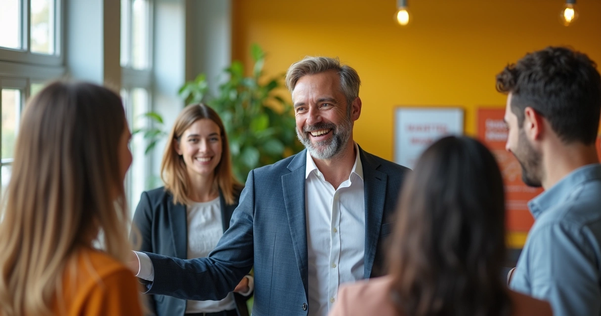 Leader standing among team with welcoming gestures and inclusive atmosphere