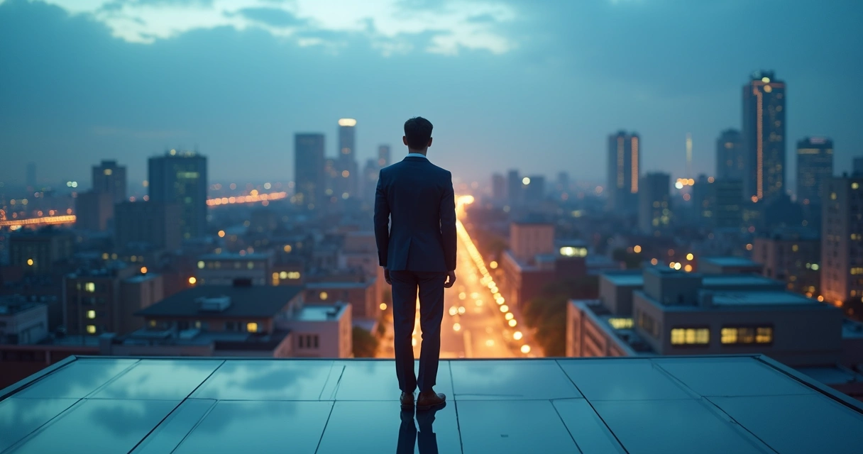 Leader on rooftop holding glowing cord connected to city below 