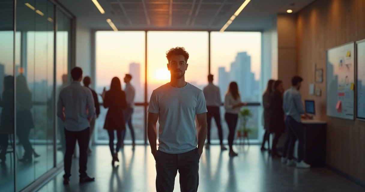 Leader standing steadily at center of a blurred busy office 