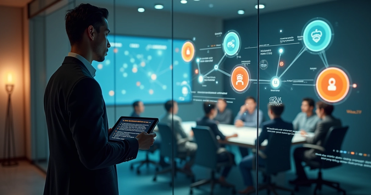 Leader observing emotional metrics on a futuristic dashboard 