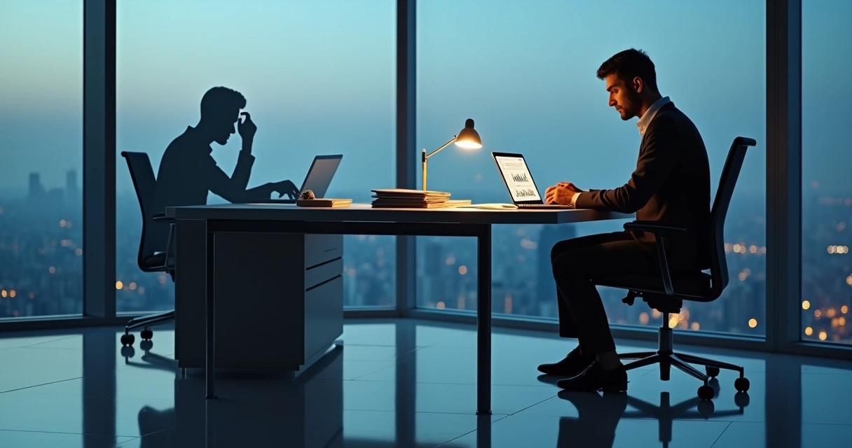 Business leader alone in modern office with shadow revealing emotional burden 