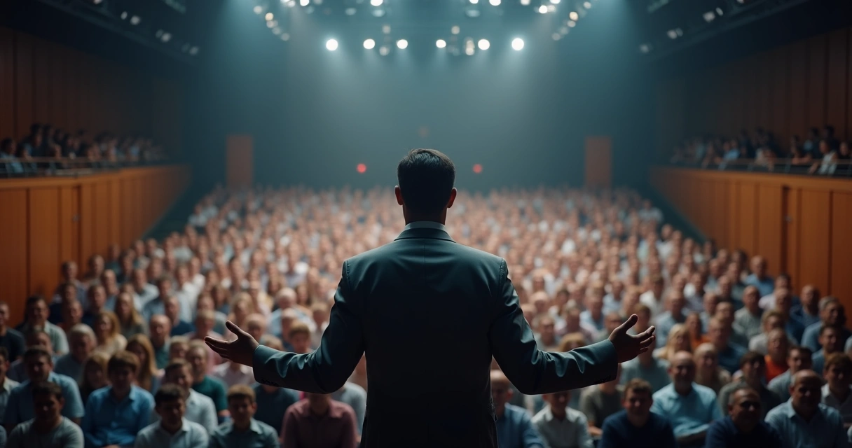 Leader on stage facing audience whose outlines reveal shared emotional patterns 