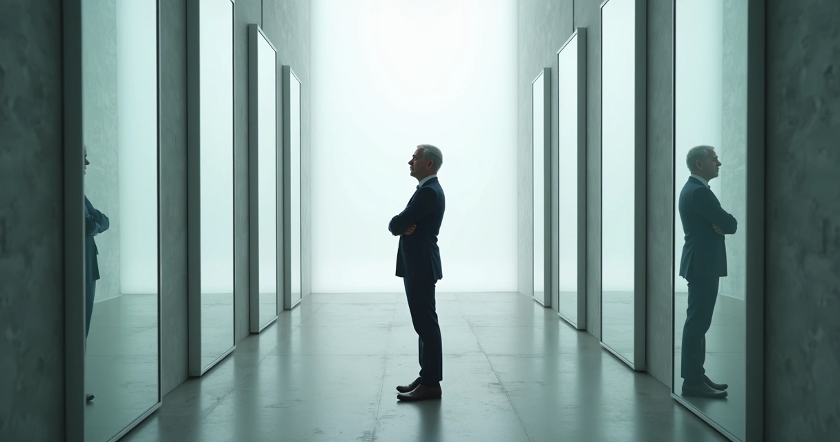 Leader surrounded by shifting reflections showing different emotional states 