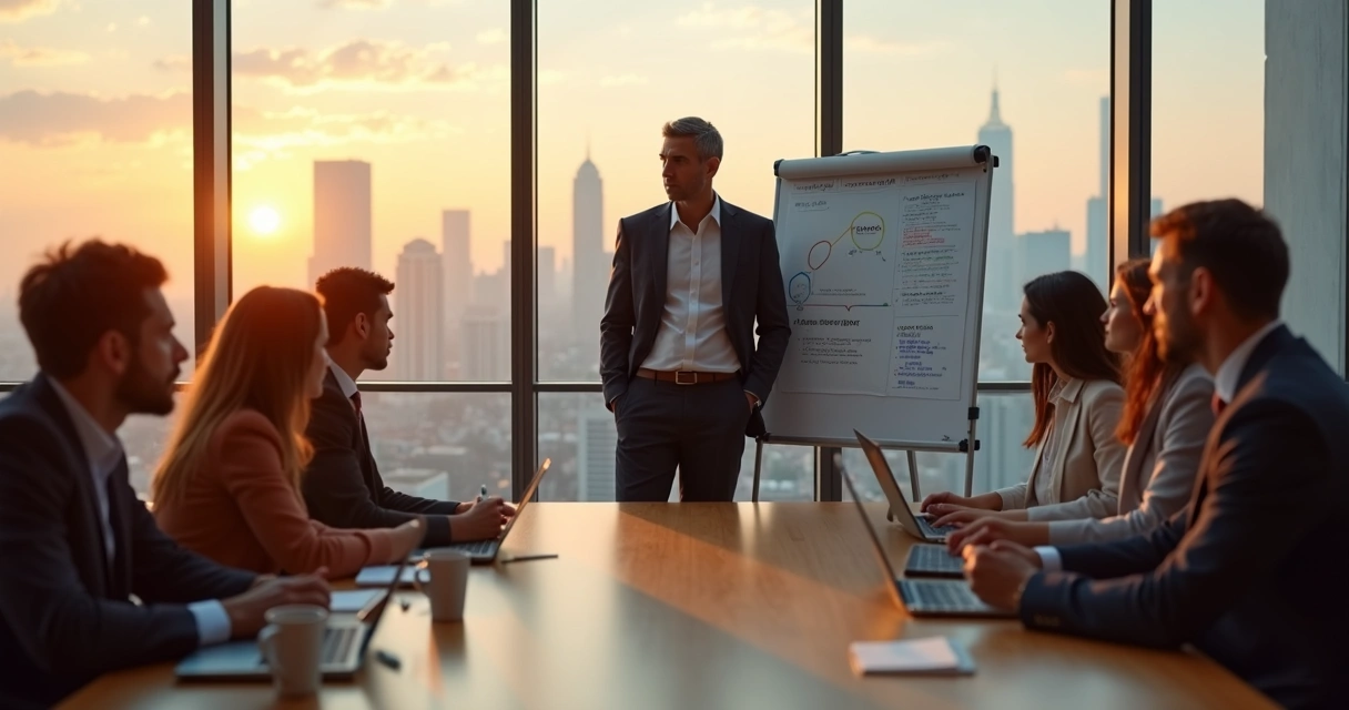 Leader in meeting room balancing emotions with attentive team 