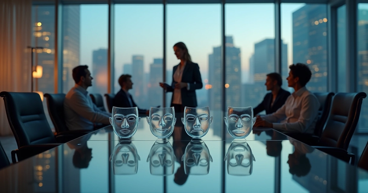 Leader holding transparent masks in a meeting room with team reflections on glass wall 