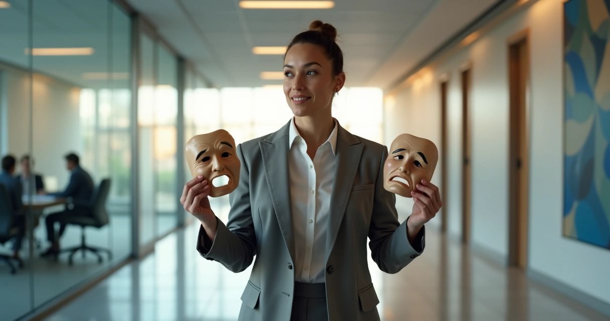 Leader holding transparent masks in modern office corridor 