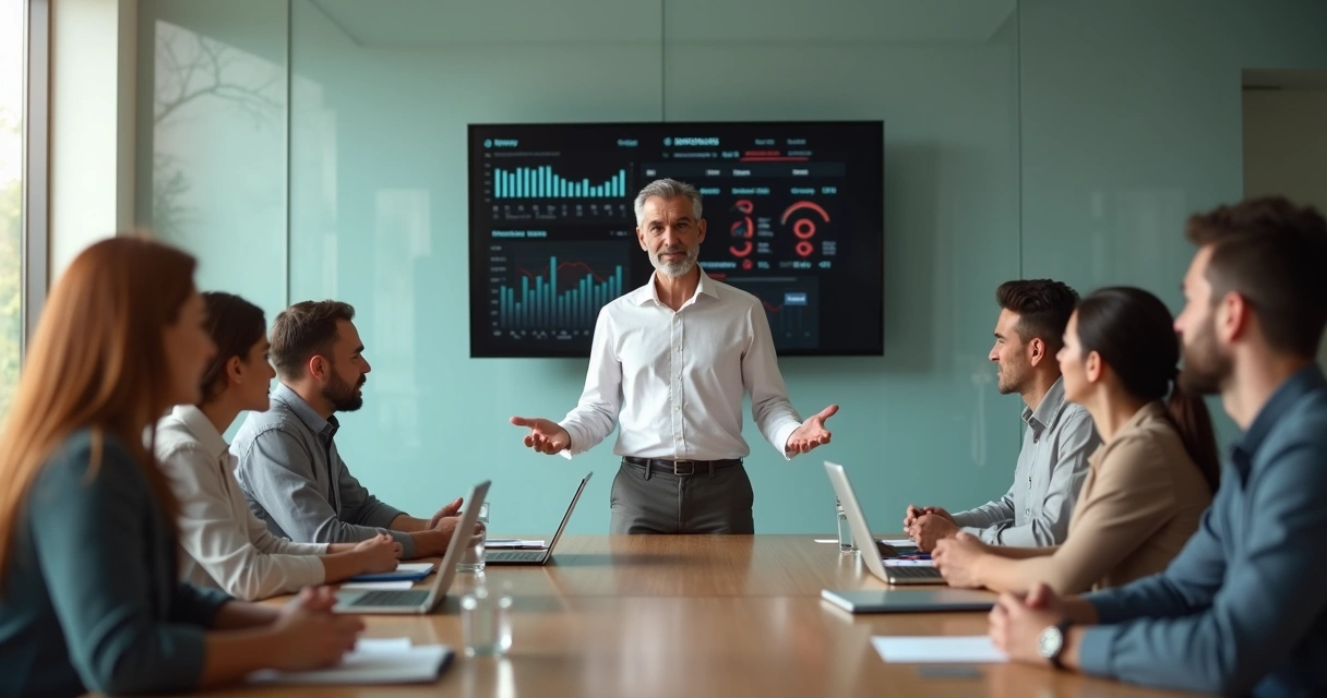 Calm leader guiding a diverse team through a tense meeting in a modern office 