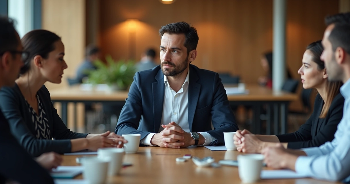 Business leader in meeting, noticing and reflecting on their own emotions