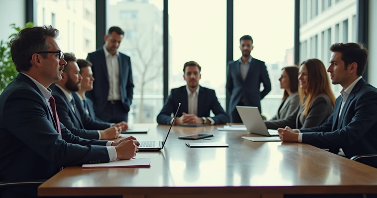 Team leader taking deep breath at conference table while team observes