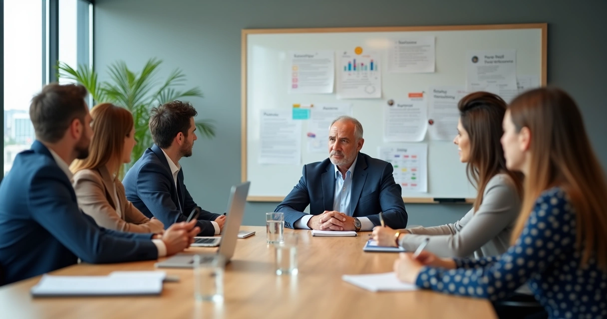 Calm leader using emotional regulation in a team meeting 