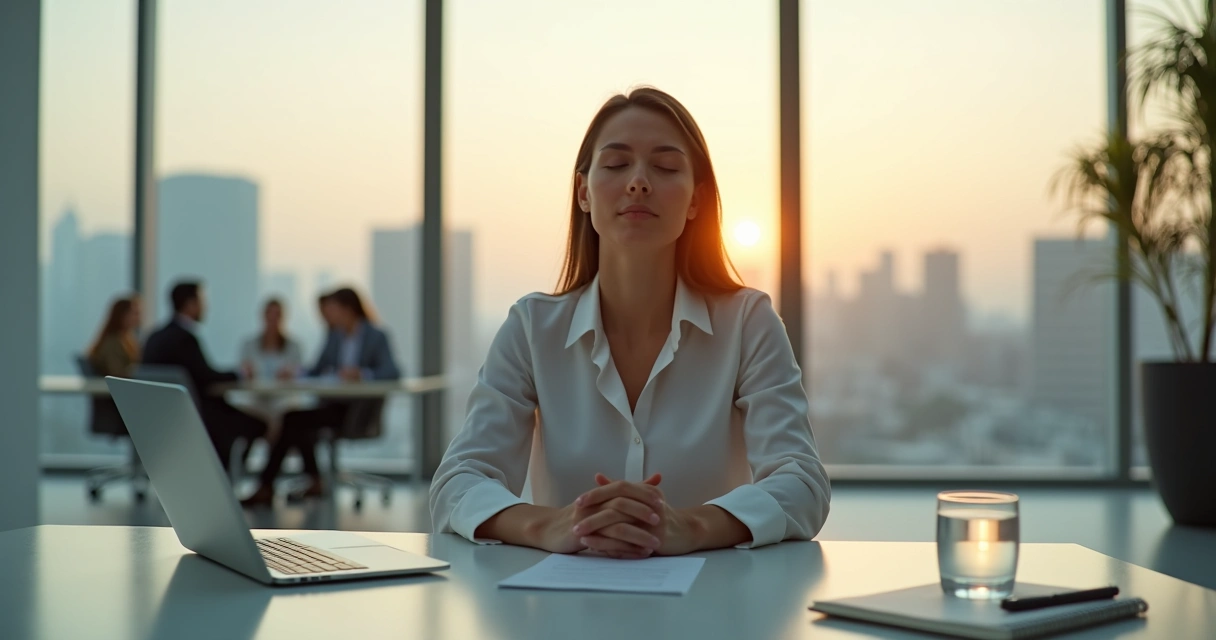 Company leader practicing calm emotional self-regulation in a modern office 