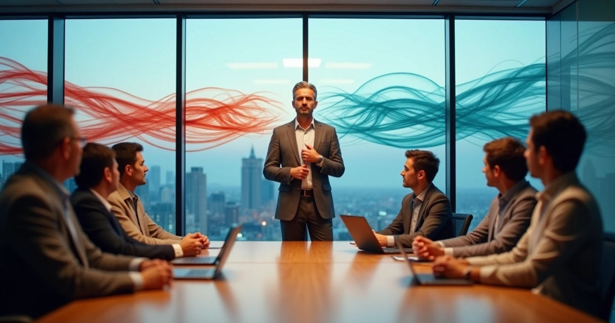 Business leader pausing in meeting while emotional triggers appear as tangled lines behind 