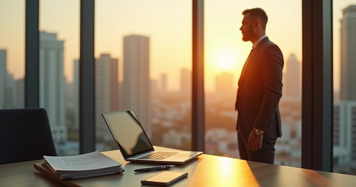 Leader reflecting on emotional triggers in a glass-walled office at sunrise 