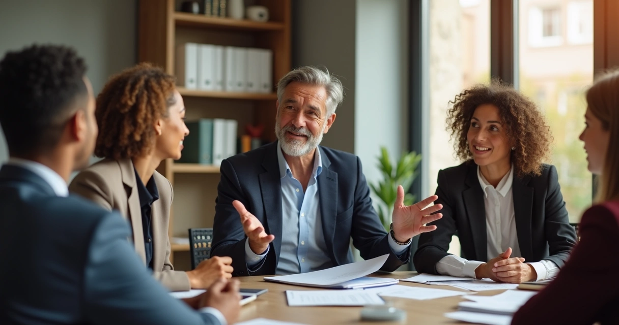 Leader in office having an open, calm discussion with team, expressing emotions naturally 